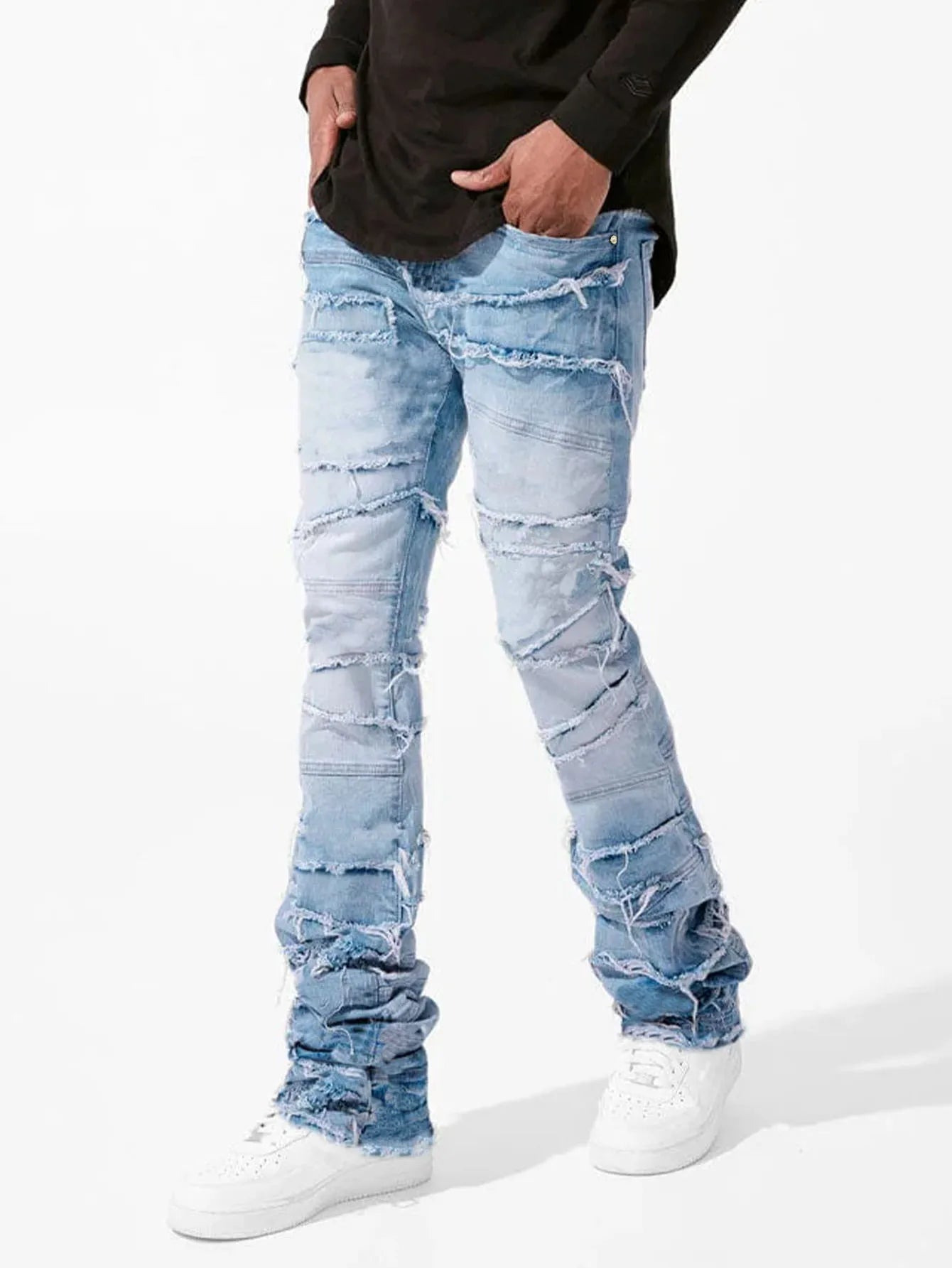 Straight Pant Men Jeans Denim Pants Slim Fit Irregular Folds Tassel Splice Simple Button Pocket High Street Trousers Spring