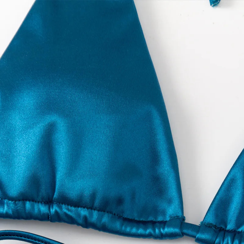 Halter Brazilian Metallic Satin Bikini  Swimwear, Swimsuit Two-pieces Bikini Set High Cut Bathing Suit Swim Beachwear