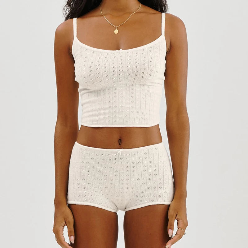 Women Casual Lounge Suit Vintage Cottage Eyelet 2 Piece Set Outfits Spaghetti Strap Camisole + Micro Shorts Y2K Kawaii Crop Tops