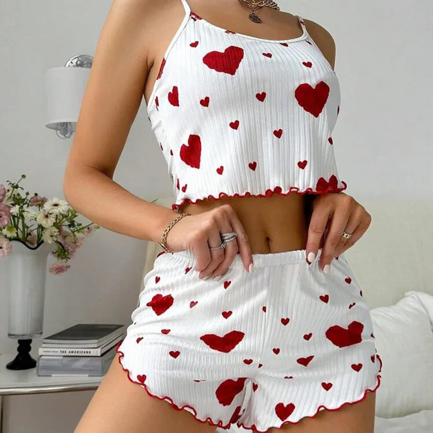 Cherry Temptation Home Love Print Flowing-Sleeve Short Pants for Casual Wearing, Women's Sleepwear Set