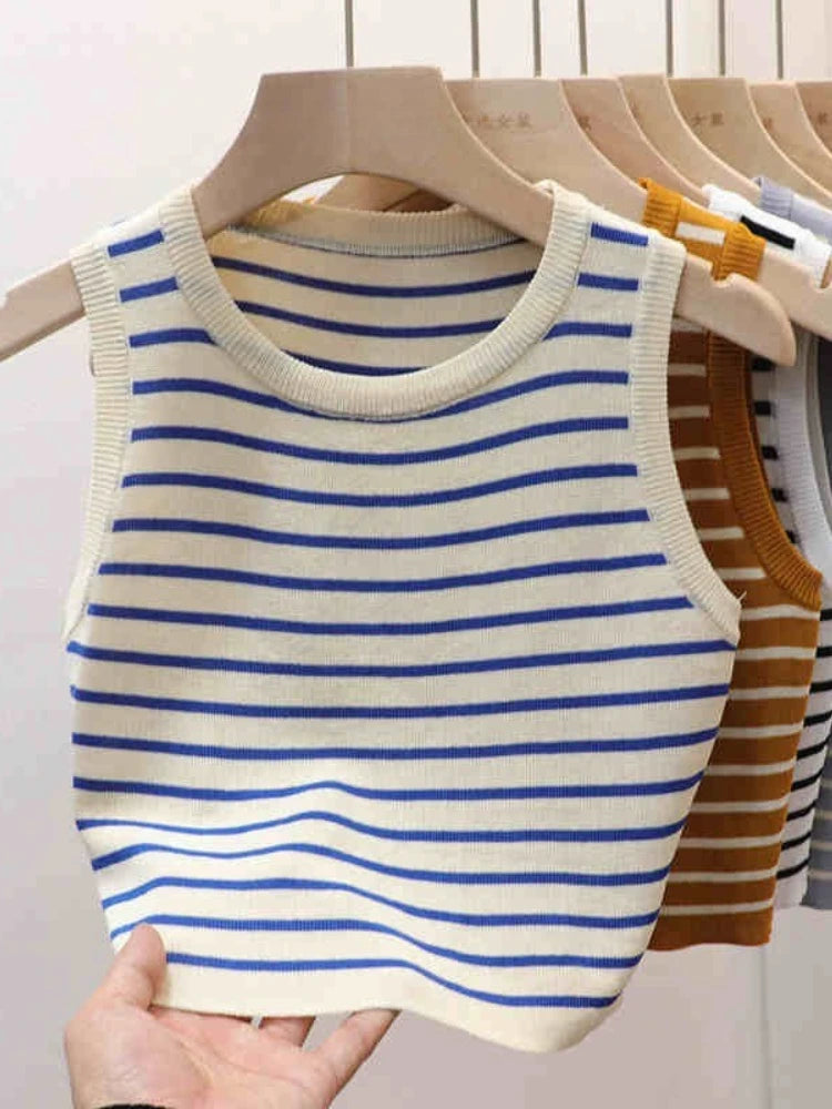 2026 Spring Summer New Sleeveless Ice Silk Knit Tank Top Striped O-Neck Women's Camisole Slim Fit Versatile Sexy Crop Tops