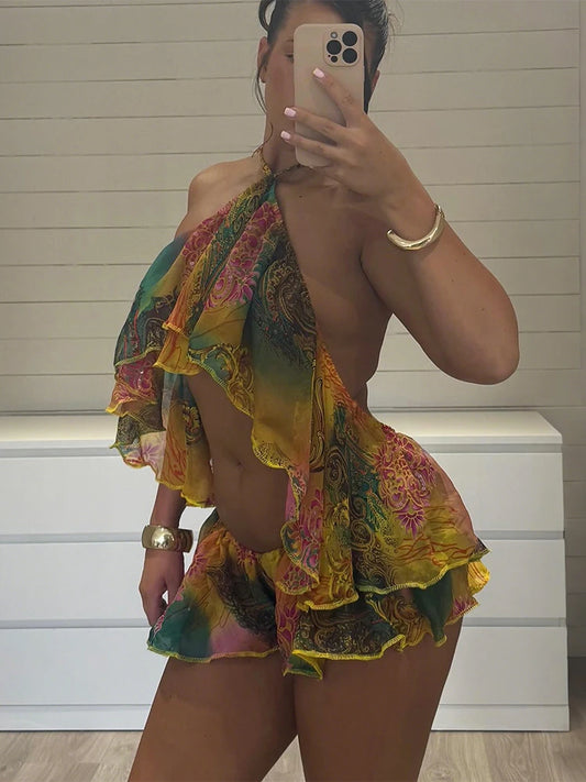 Kliou Colorful Print 2 Piece Set Woman Summer Trend Halter Backless Ruffles Camisole Tops+Elastic Waist Shorts Beach Style Suits