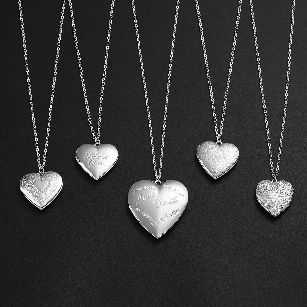 Silver Color Love Heart Photo Frame Pendant Necklace For Women I Love You Flower Pattern Heart Openable Locket Necklace Jewelry