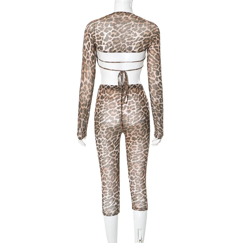 Weird Puss Sexy 3 Piece Set Women Leopard Print Mesh Full Sleeve Shawl+Bandage Metal Buckle Bra+Pants Street Trend Matching Suit