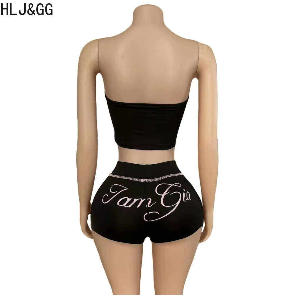 HLJ&GG Y2K Sexy Letter Print Two Piece Sets Women Off Shoulder Backless Slim Crop Top And Shorts Outfits Fashion 2pcs Streetwear