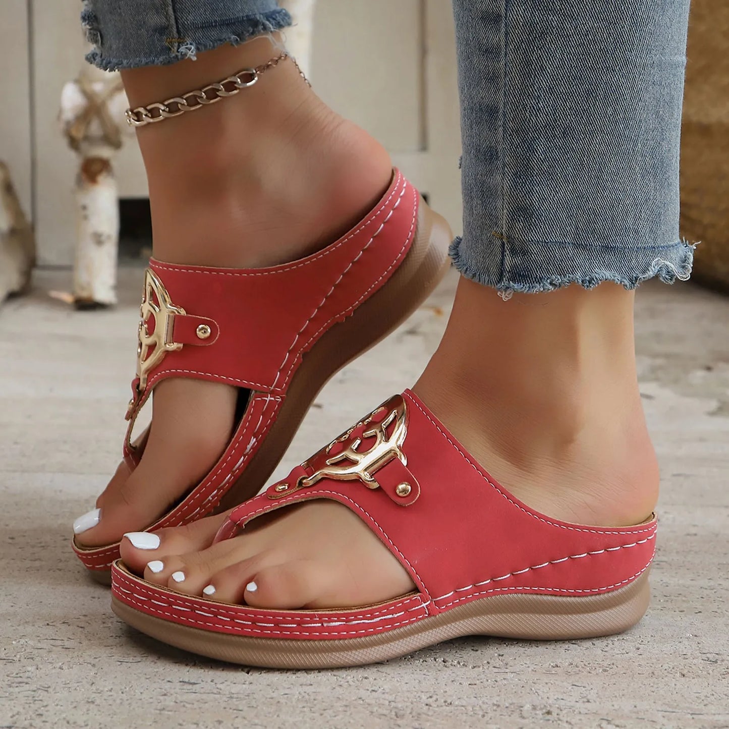 Flip Flops Women's Hollow Out Wedge Summer Wedge Sandals Clip Toe Orthopedic Sandals Woman PU Leather Non-Slip Soft Flip Flops