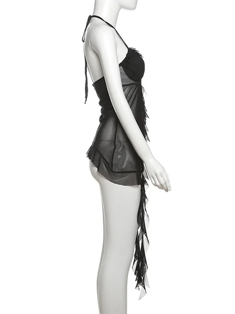 Weird Puss Patchwork Mesh Y2K Sexy Camisole Women Halter Bandage Low-Neck Tassel Ruffles 3d Flowers Midnight Club Sexy Tank Tops