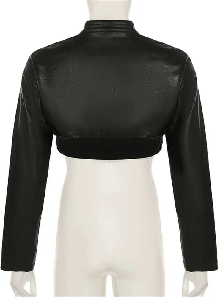 Weird Puss PU Patchwork Women Jacket Letter Print Hipster Button Zip Full Sleeve Trend Cool Street  Spring Outwear Crop Coat