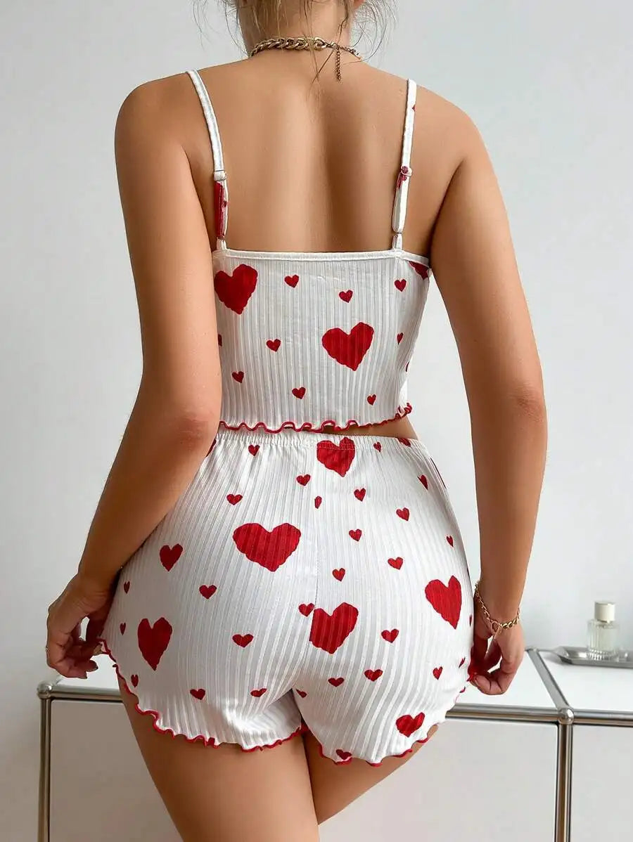 Cherry Temptation Home Love Print Flowing-Sleeve Short Pants for Casual Wearing, Women's Sleepwear Set