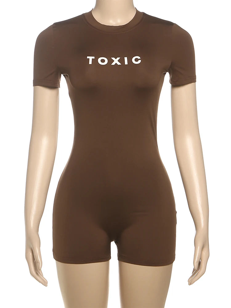 Weird Puss Letter Print Fashion Romper Women Body-Shaping  o-Neck Mini Sleeve Tight Peach Hip Casual Simple Workout Playsuits