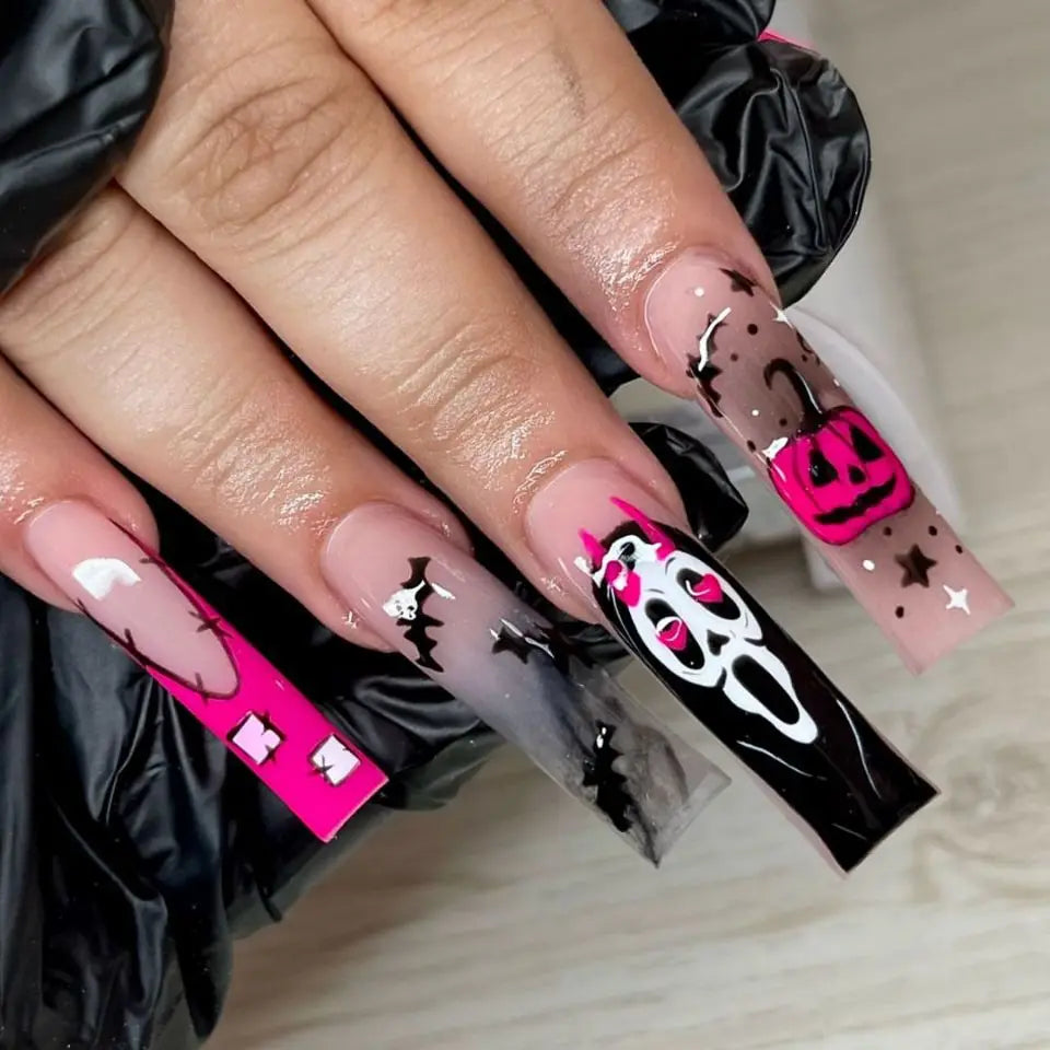24pcs Halloween False Nails Ghost Witch Pumpkin Print Fake Nails Tips Wearable Detachable European Long Ballet Press on Nails