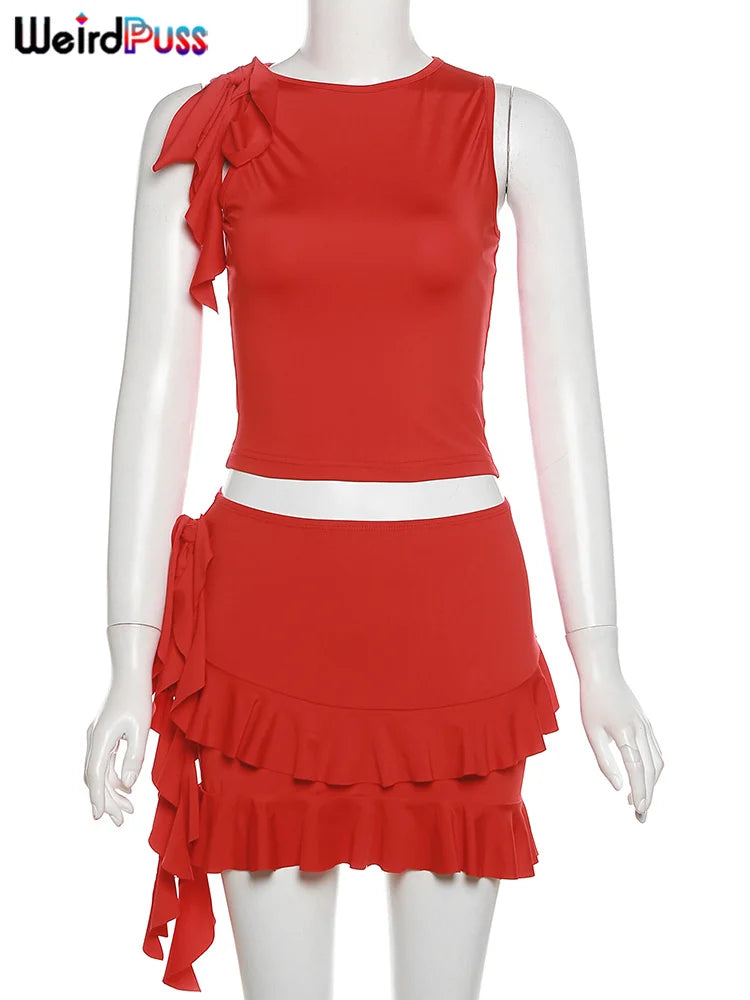Weird Puss Women 2Piece Set Double-Deck Pleated Tassel Mini Skirt+Bandage Slim Tank Top Festival Party Sexy Matching Outfits