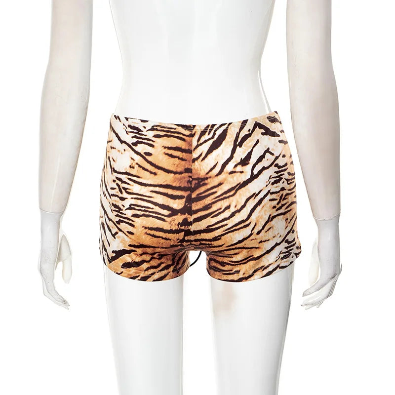 HLJ&GG Fashion American Vintage Style Pattern Print Two Piece Sets Women O Neck Sleeveless Top And Tiger Bandage Shorts Outfits