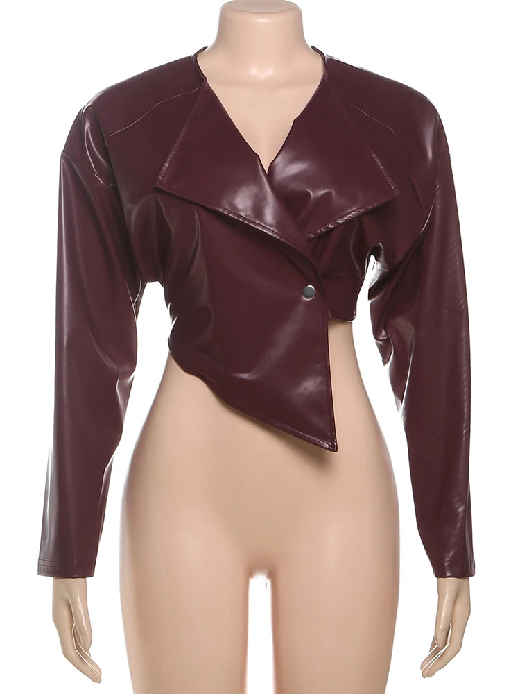 Weird Puss Single Button Crop Jacket Women Hipster Irregular Faux Leather Fall Trend Wild Basic Sexy Cross Neck Streetwear Coat