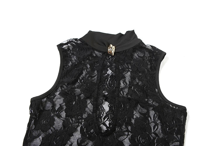 Weird Puss Sexy Solid Dress Women 2025 Summer Sleeveless Lace High Stretch Midnight club Asymmetrical Graphics Metal Knot Slit