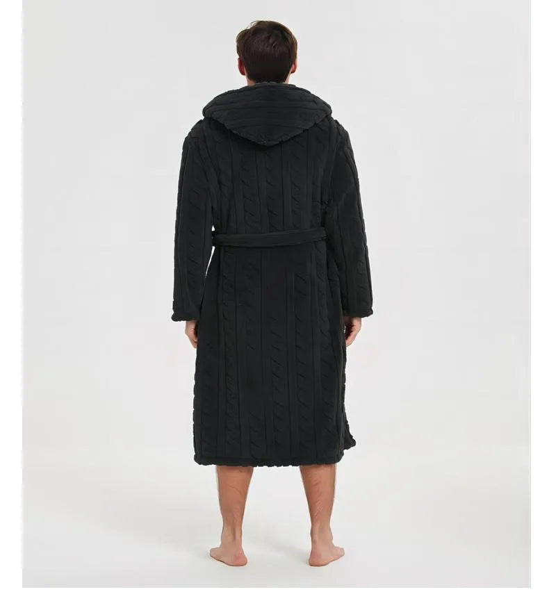 Warm Sleepwear Thicken Jacquard Flannel Men Robe Plush Coral Fleece Hooded Bathrobe Gown Winter Lounge Wear Home Wear Nightwear