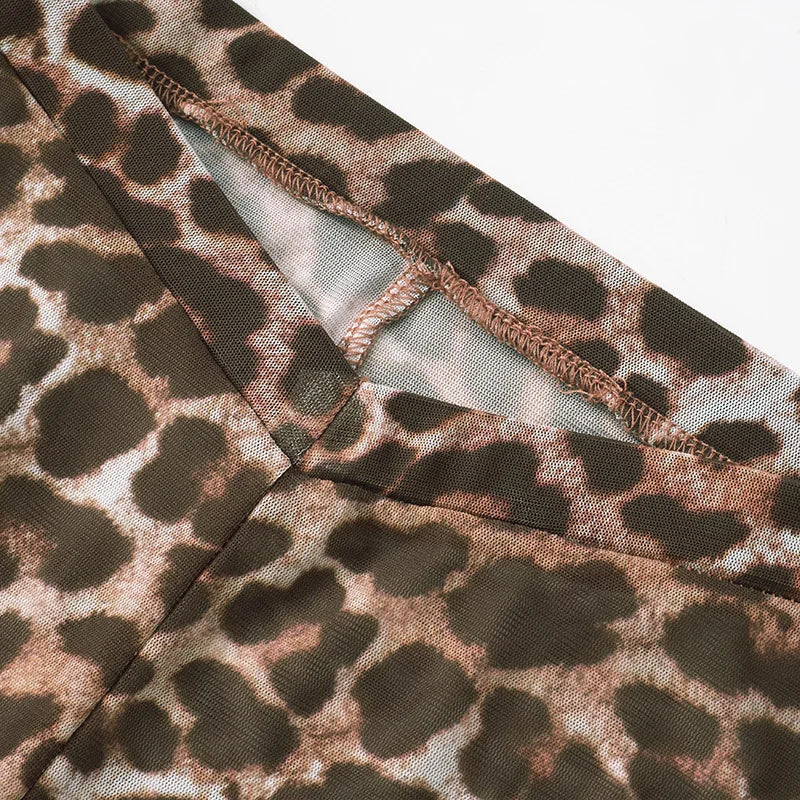 Weird Puss Sexy 3 Piece Set Women Leopard Print Mesh Full Sleeve Shawl+Bandage Metal Buckle Bra+Pants Street Trend Matching Suit