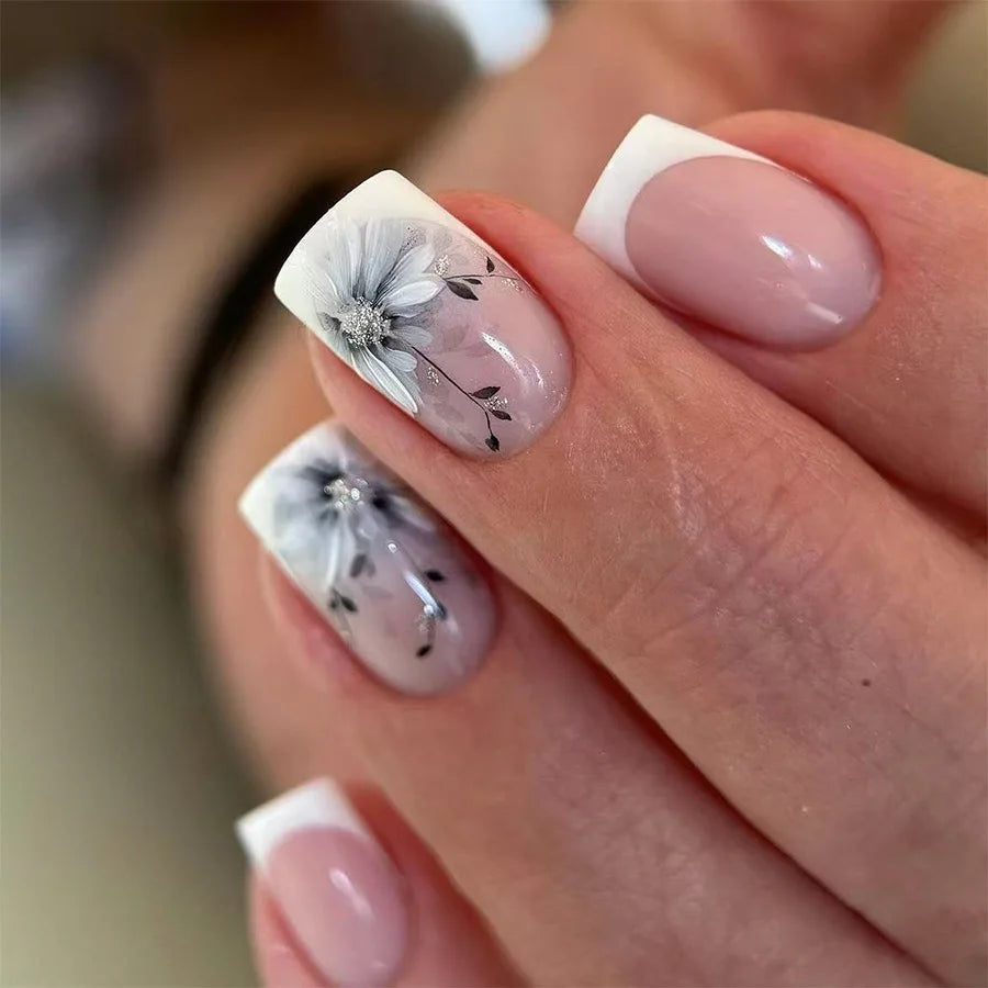 24Pcs Fairy White Flower Fake Nails Pink French Tip Press on Nails Short Square Wearable False Nail for Girls DIY