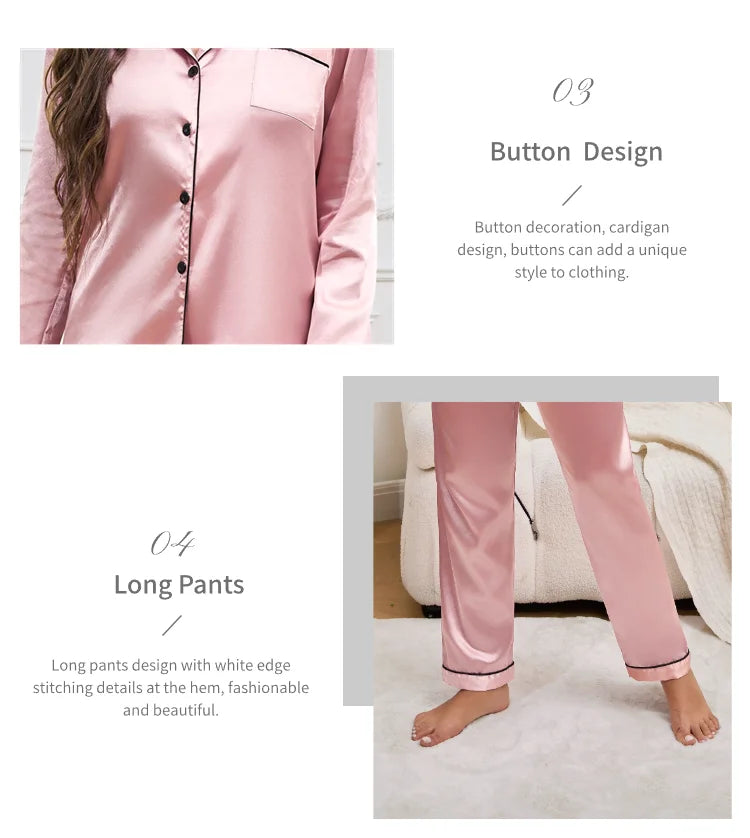 Autumn Satin Women‘s Pajamas Set Notched Collar Top & Wide Leg Long Pants 2 Pieces Sleepwear Female Loungewear Like Leisure Suit