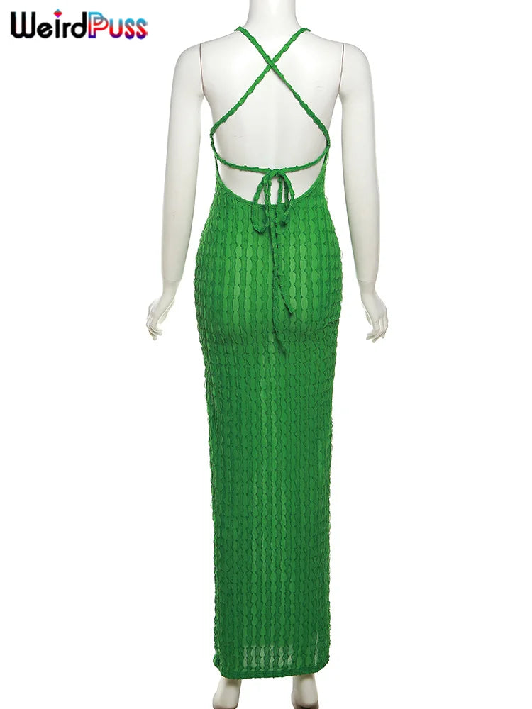 Weird Puss Backless Halter Dress Women Cross Bandage Sleeveless Sexy Elegant Skinny Stretch Wedding Party Maxi Bodycon Vestidos