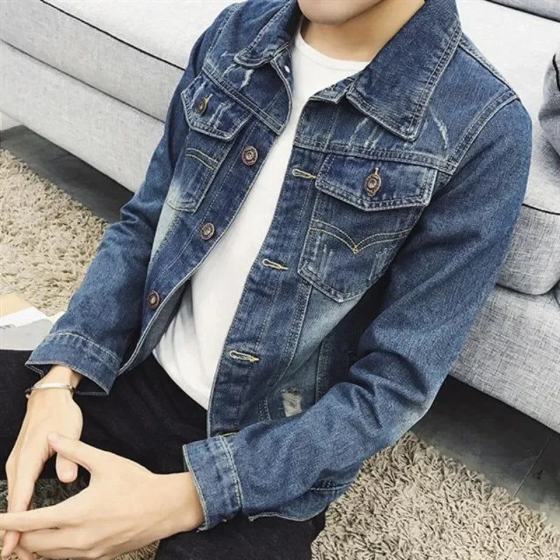 Button Short Casual Slim Cowboy Coat for Men Korean Popular Clothes Denim Jackets Man Loose New In Designer Branded Rock Lxury