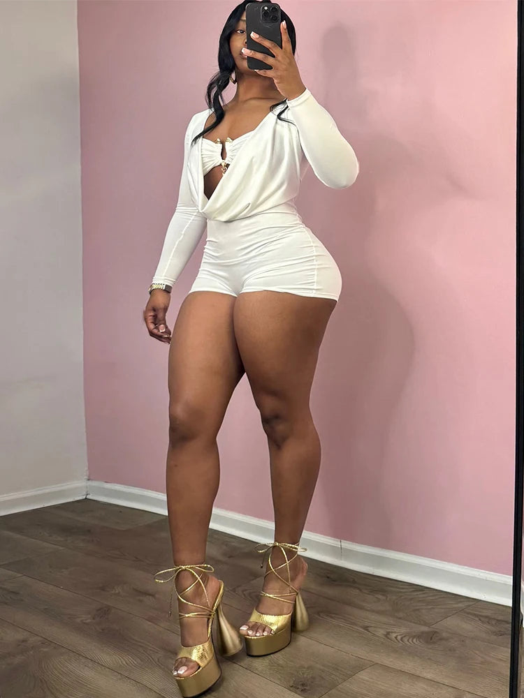 Swing Collar Romper & Metal Buckle Bra Set — Women's Party