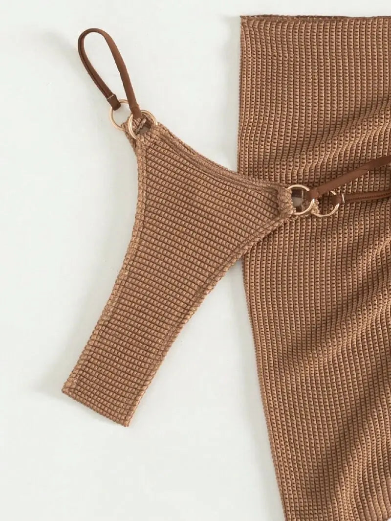 Sexy Brown Bikini Set 2024 Women Halter Push Up Bra Skirt 3 Piece Swimsuit Summer Bathing Suit Cover Up Thong Swimwear Biquini