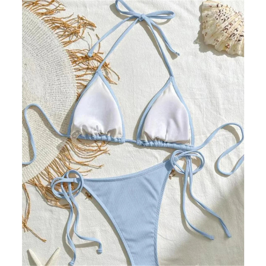 New Splicing Halter Strappy Brazilian Bikini Women Swimwear Female Swimsuit Two-pieces Bikini set Bather Bathing Suit Swim V6024