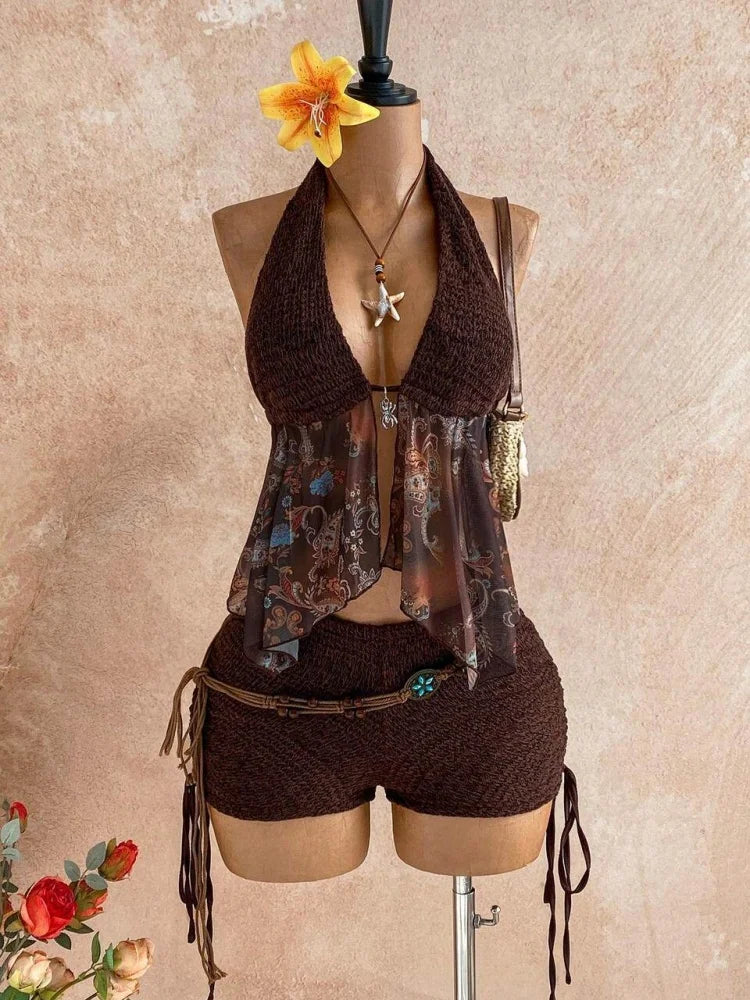 Pant Suit Halter V Neck Chiffon Spliced Floral Top Side Drawstring Shorts Matching Outfit For Women Beach Vacation Boho Retro Stylish Wear