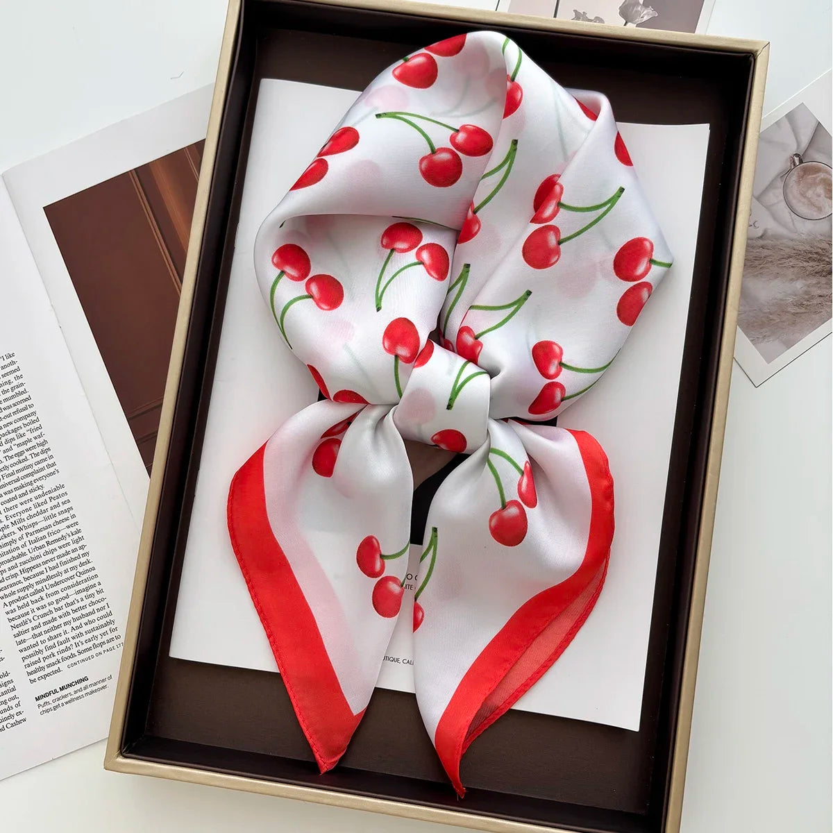 Luxury Square Satin Scarf Women Cute Fruit Cherry Pattern Shawls and Wraps Fashion Small Bag Scarves Hair Tie Bandanas 70*70Cm