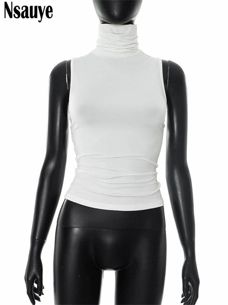 Nsauye Casual Solid White Women Basic Vest T Shirt Tank Tops Turtleneck Y2K Summer Clothes Skinny Mini 2025 Club Sexy Crop Tops