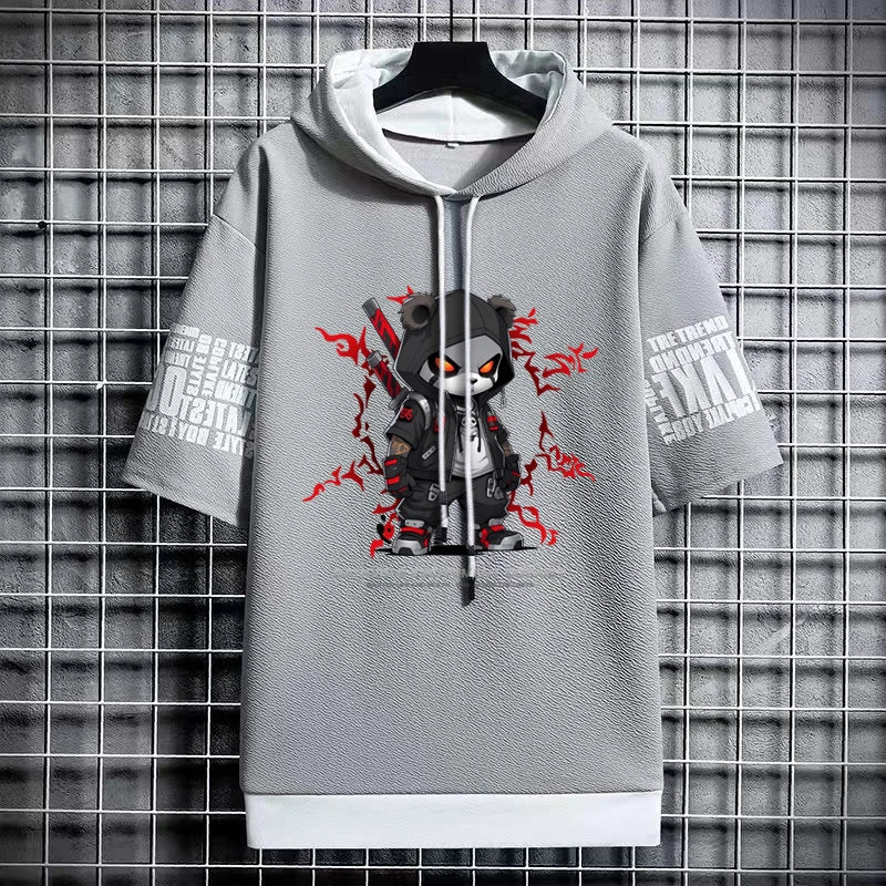 2024 Men's Sweatshirts Korean Fashion Harajuku Streetwear Short Sleeve Hoodies Men Summer Men Clothing Print Cartoon Hoodies Men