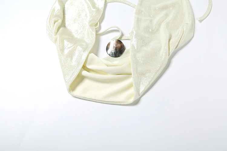 Weird Puss Thin Sexy Women 2 Piece Set Glitter Sheet Metal Backles Shalter Tank Tops+Ribbon Skirts Tight Vacation Matching Suits