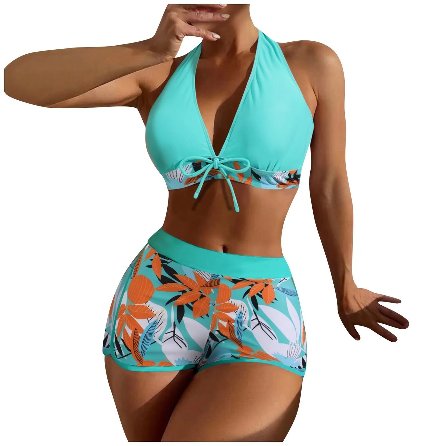 Shorts Bikinis Set  High Waist Swimsuit Women Swimwear  Plant Print Bathers Bathing Swim Suit Beachwear