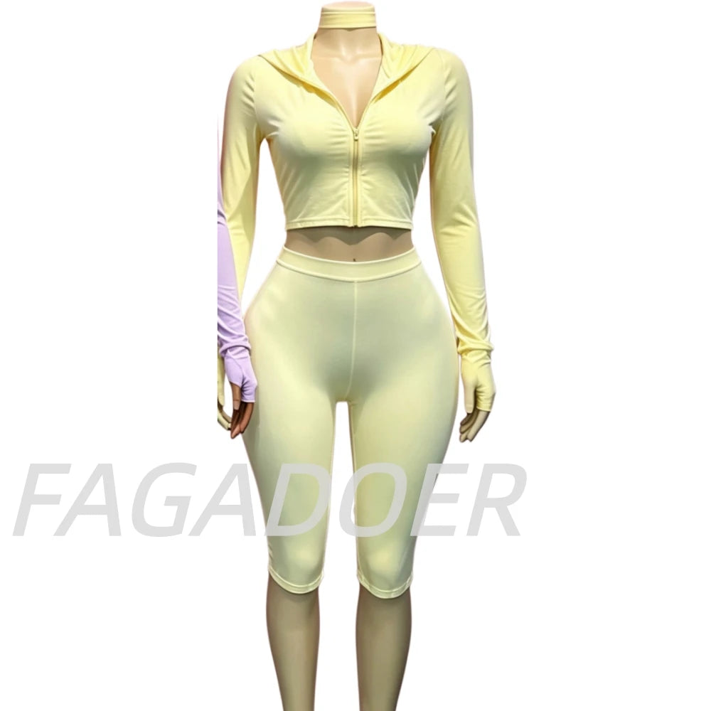 FAGADOER Casual Sporty 3 Piece Sets Fashion Solid Hooded Zip Up Long Sleeve Crop Top Capri Pants Headbands Matching Tracksuits