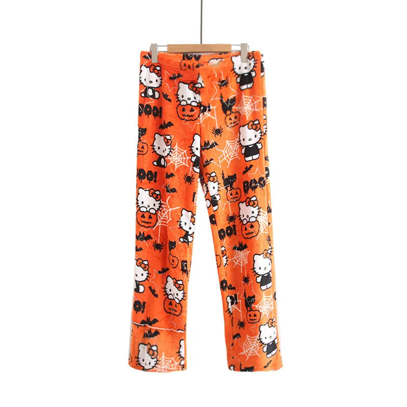 Sanrio Hello Kitty Soft Flannel Wide Leg Pajama Pants Printed Casual Home Loungewear For Women Daily Sleeping Relaxing Wear