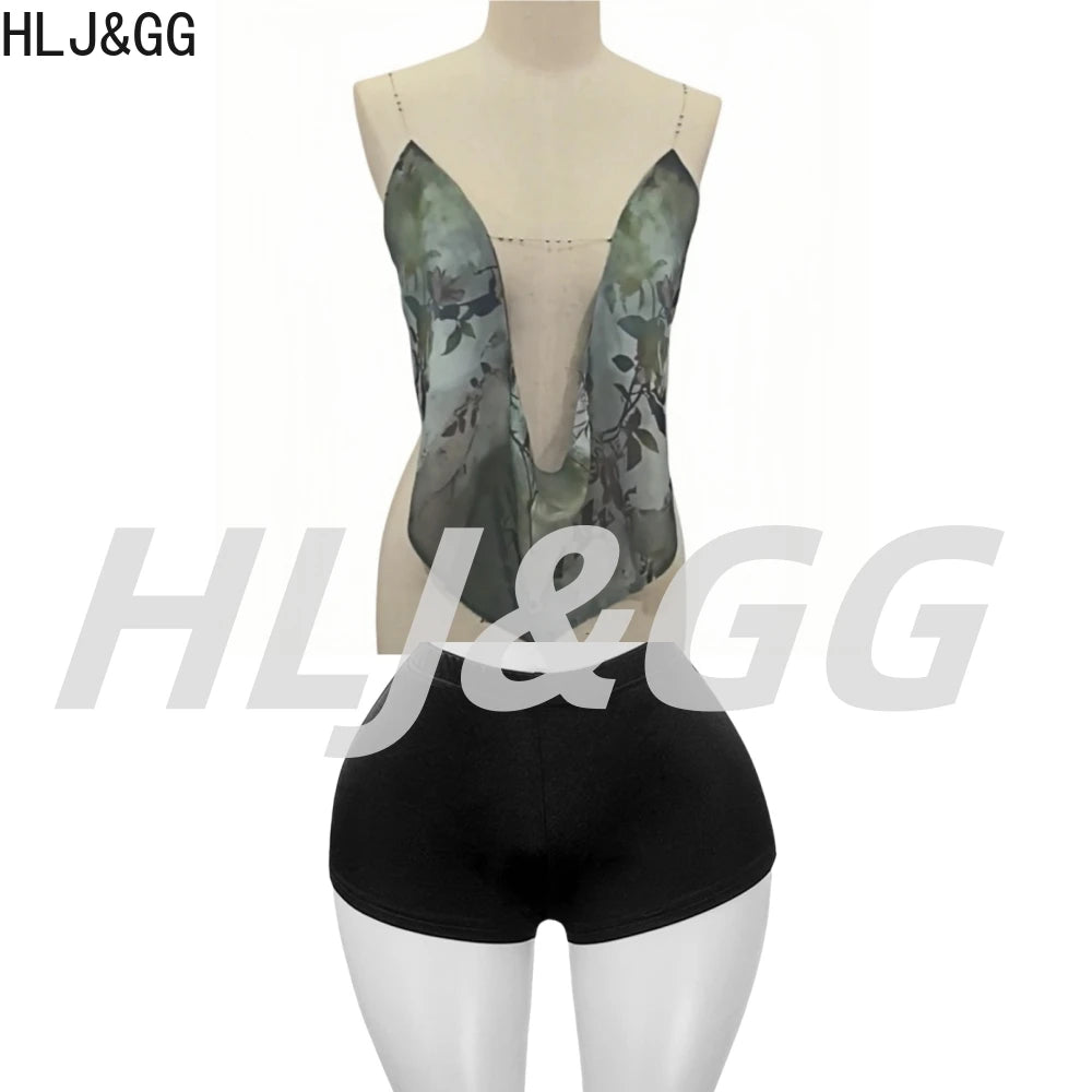 HLJ&GG Sexy Pattern Print Hollow Halter Two Piece Sets Women Deep V Backless Top And Shorts Outfits Fashion Y2K Streetwear Trend