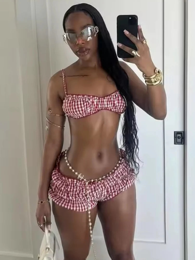Weird Puss Stripe Women 2 Piece Set Beach Vacation Elastic Camisole+Ruched Shorts Matching Clubwear Midnight Summer Swimsuit
