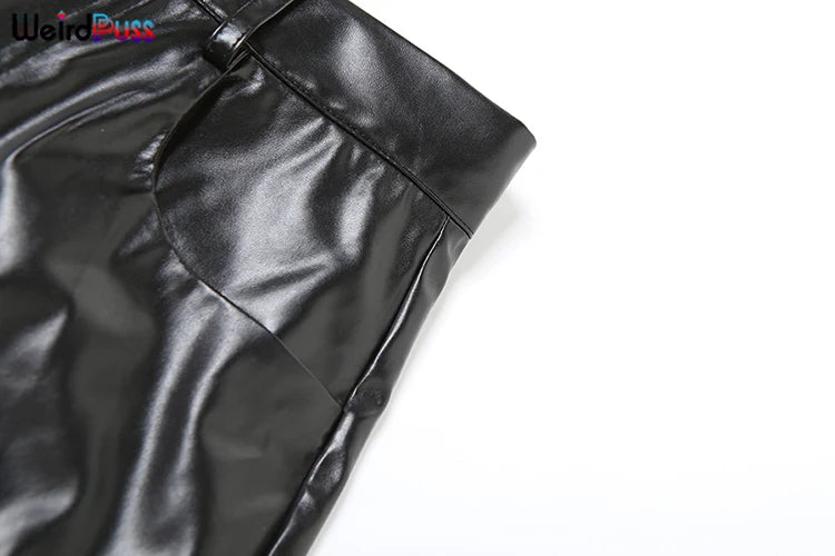 Weird Puss PU Hipster Leather 2 Piece Set Women Fall Trend v-Neck Cross Sash Sexy Crop Tops+Shorts Matching Streetwear Outfits