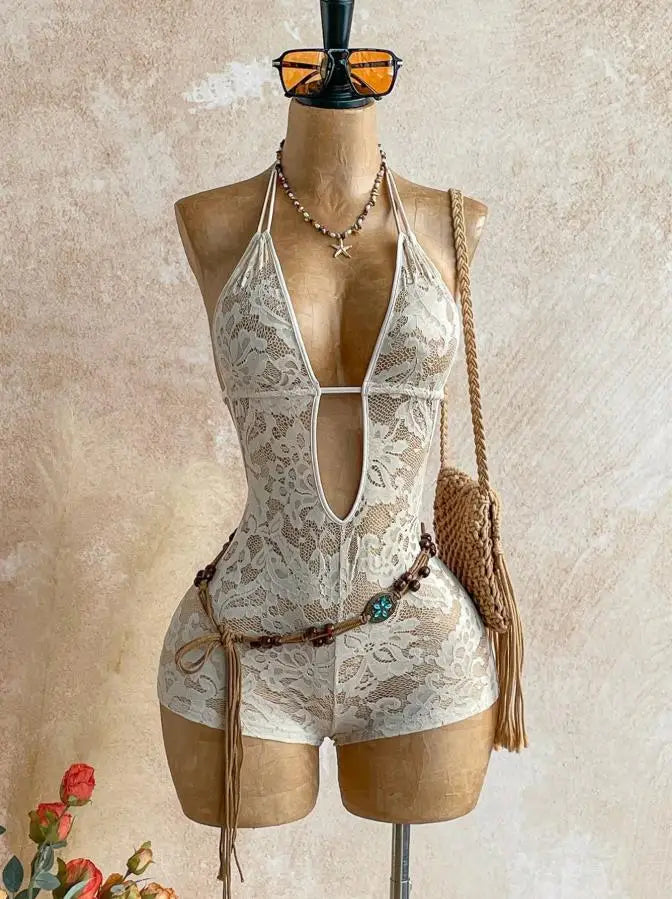 HLJ Summer New Sexy Lace See Through Patchwork Bodycon Rompers Woman Deep V-neck Backless Jumpsuits Female Streetwear Overalls