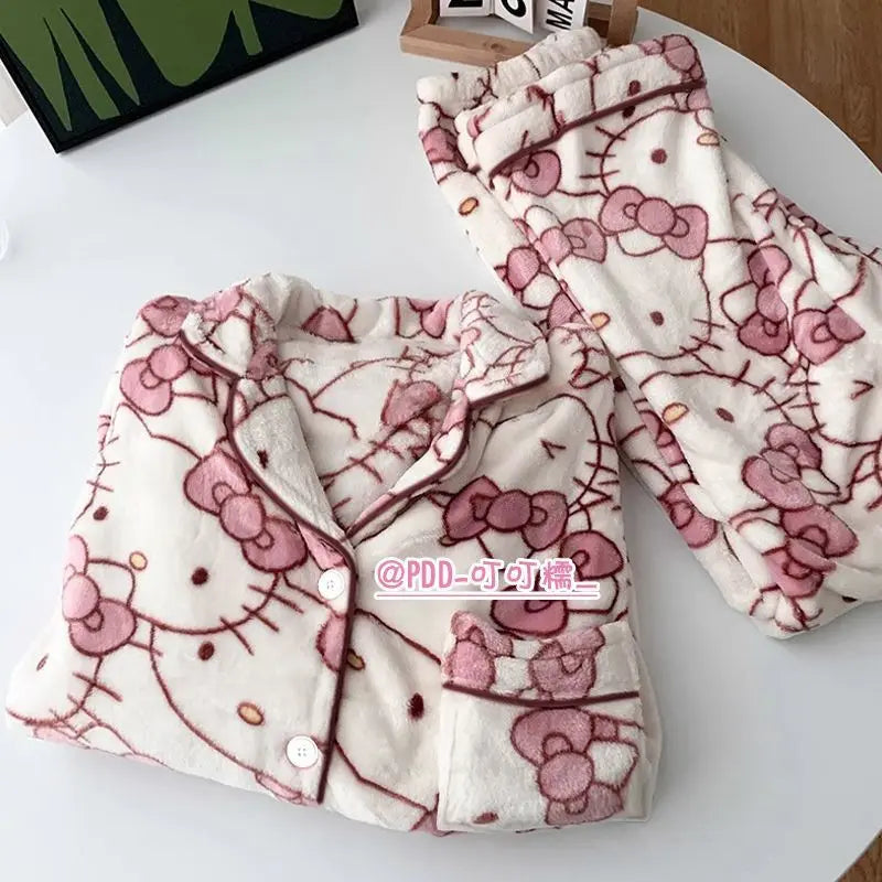 Sanrio Hello Kitty Women's Pajamas Sets Cuteore Cartoon Winter Warm Sleepwear Long Sleeve Pants Nightwear Flannel Home Clothes