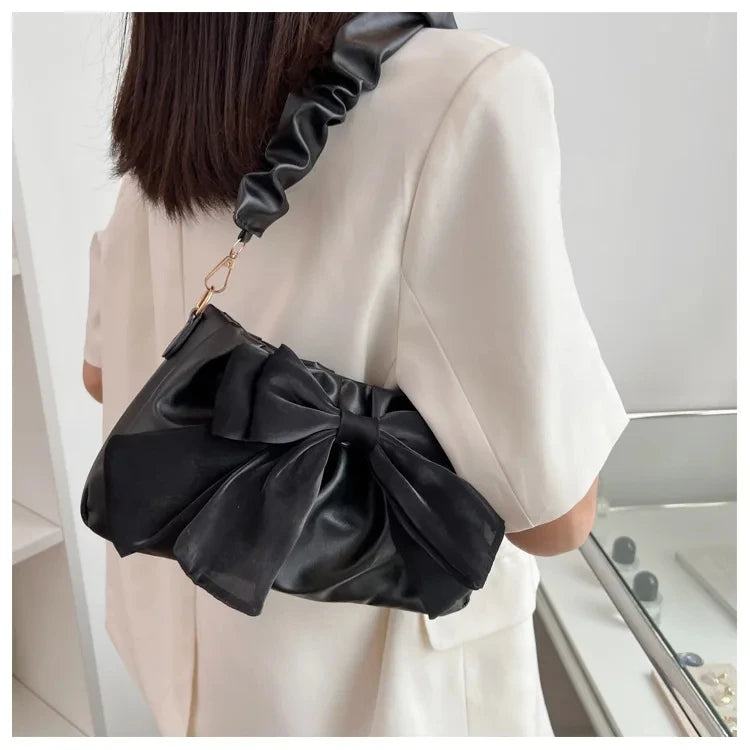 Fashion Casual Handbags For Women Cute Bow Black White Blue Kahki PU Handbags Trendy Daily Shoulder Underarm Bags bolsa feminina