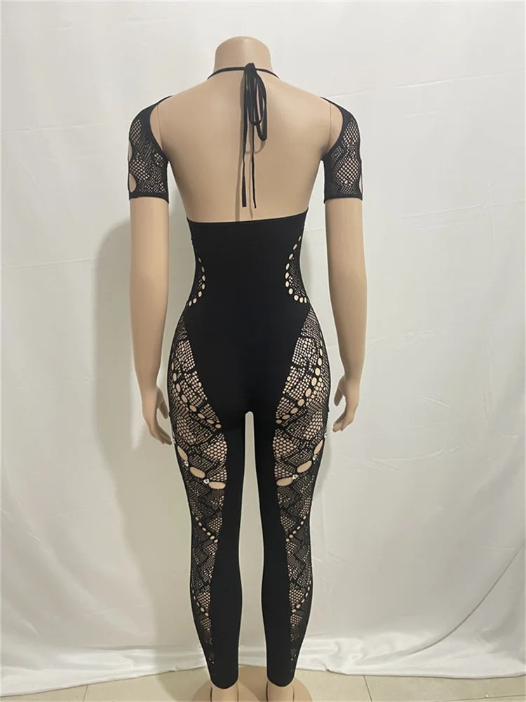 Club Outfits Sexy Jumpsuits for Women Short Sleeve Bodycon Rompers Jumpsuit Skinny Pink Mesh See Though One-piece Overalls 2024