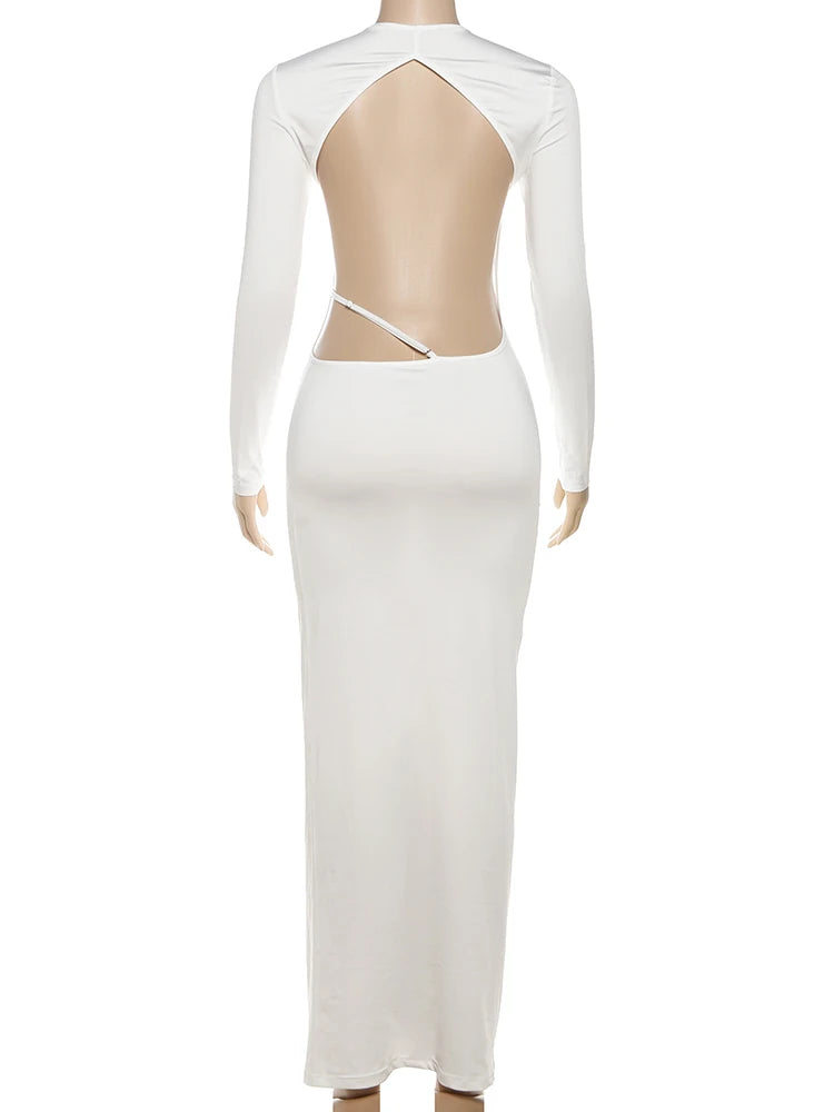 Weird Puss Backless Dress Women Sexy o-Neck Full Sleeve Adjustable Straps Autumn Fashion Skinny Simple Midnight Maxi Bodycon