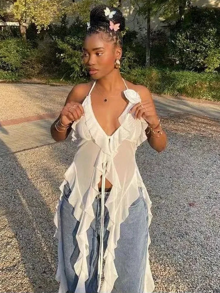 Weird Puss Blossoms Tank Tops Women Ruffles Y2K Summer Trend Sexy V-Neck Irregular Tassel Halter Backless Wild Street Camisole