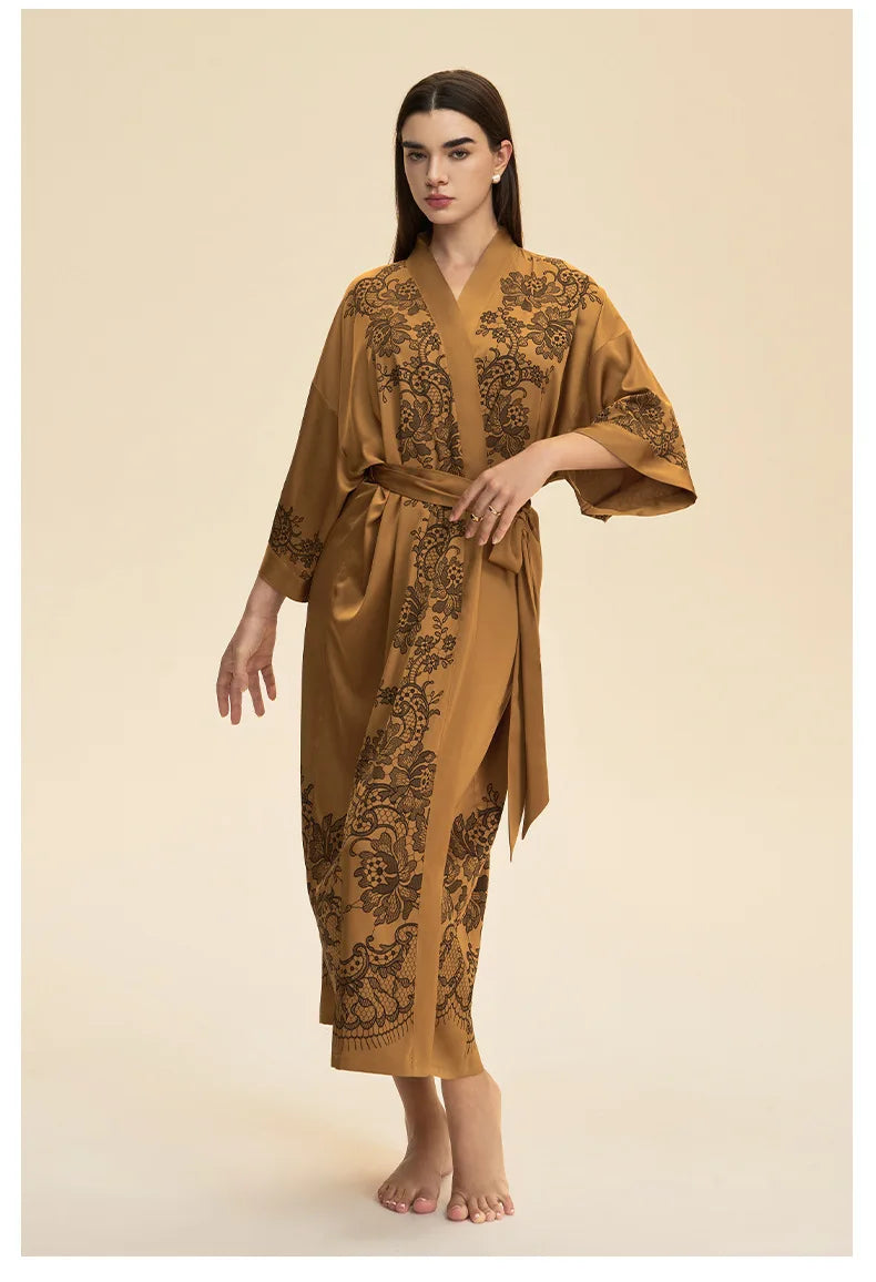 Plus Size Print Flower Long Robe Kimono Gown New Female Sleepwear Bathrobe Home Dress Loose Silky Satin Night Clothes Loungewear