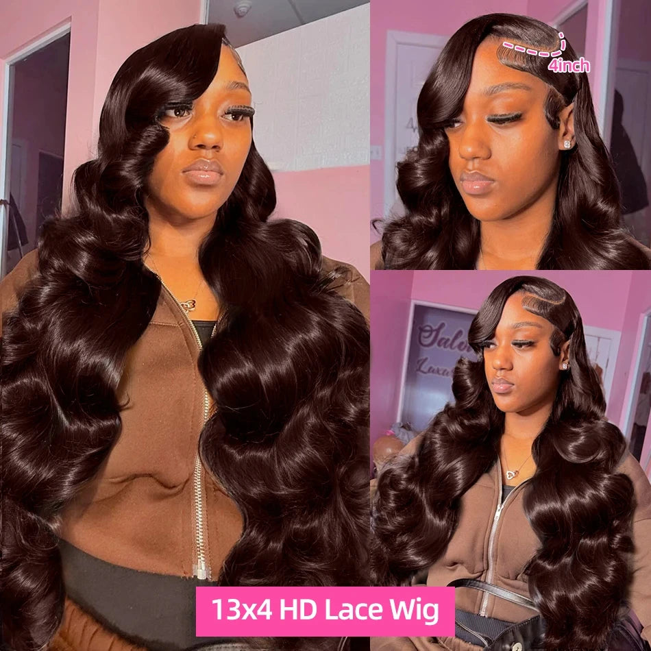 Transparent Chocolate Brown Body Wave Lace Front Human Hair Wig Vietnamese Original #4 Color 250% 13x6 HDFull Lace Frontal Wigs
