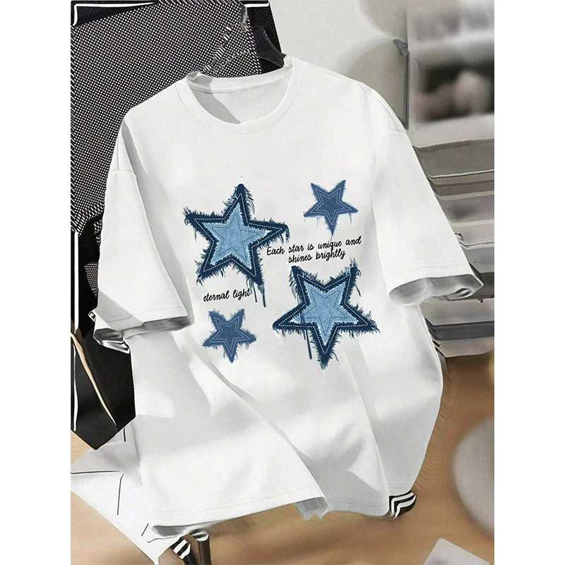 Fashion Five Pointed Star Pattern Cotton Tshirt Summer Round Neck Short Sleeve ForWomen Casual Korean Solid Color Streetwear Top