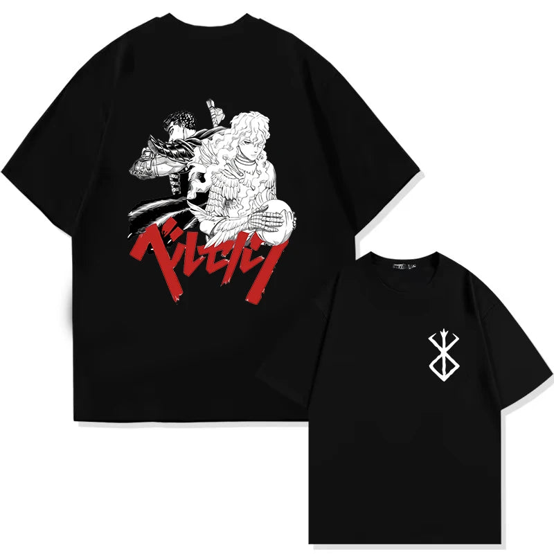 Japan Anime Berserk T-Shirt Guts Print Graphic Tee Men's 90s Summer Short Sleeve Casual Manga Dark Fantasy Black Swordsman Style