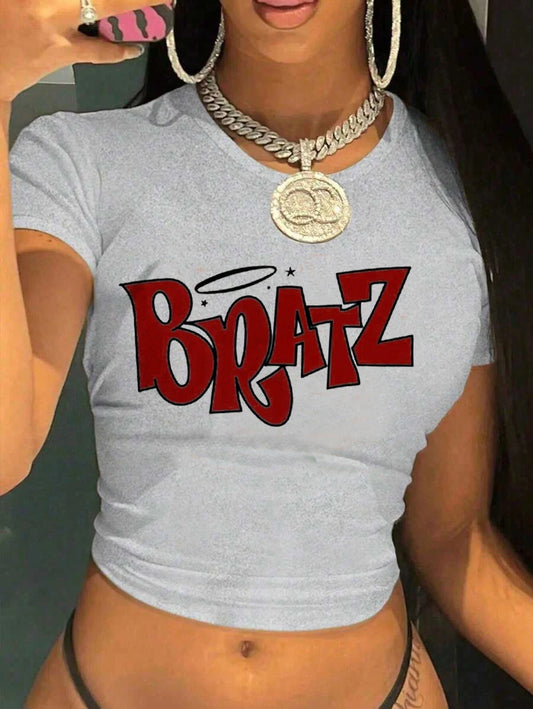 T Shirt Woman 2025 New in Cropped Cherry Print Crew Neck T-shirt Y2K Short Sleeve Fit Crop Top Spring Summer Women's Clothing